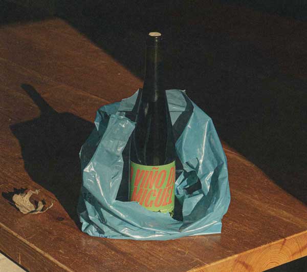 Botella de vino sobresaliendo de una bolsa de plástico